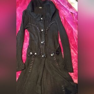 Fantazia Womens Cardigan Sweater WOOL Duster POCKETS Buttons Black Large LY